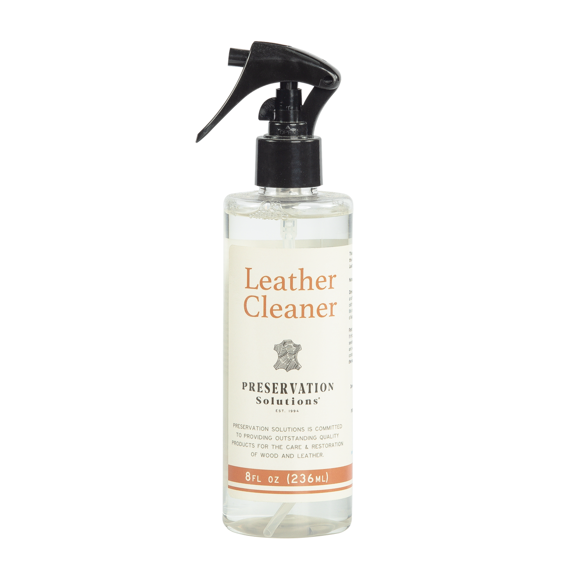 Leather Cleaner 236ml spray bottle by Preservation Solutions, a gentle surface cleaner for leather furniture, bags and car seats