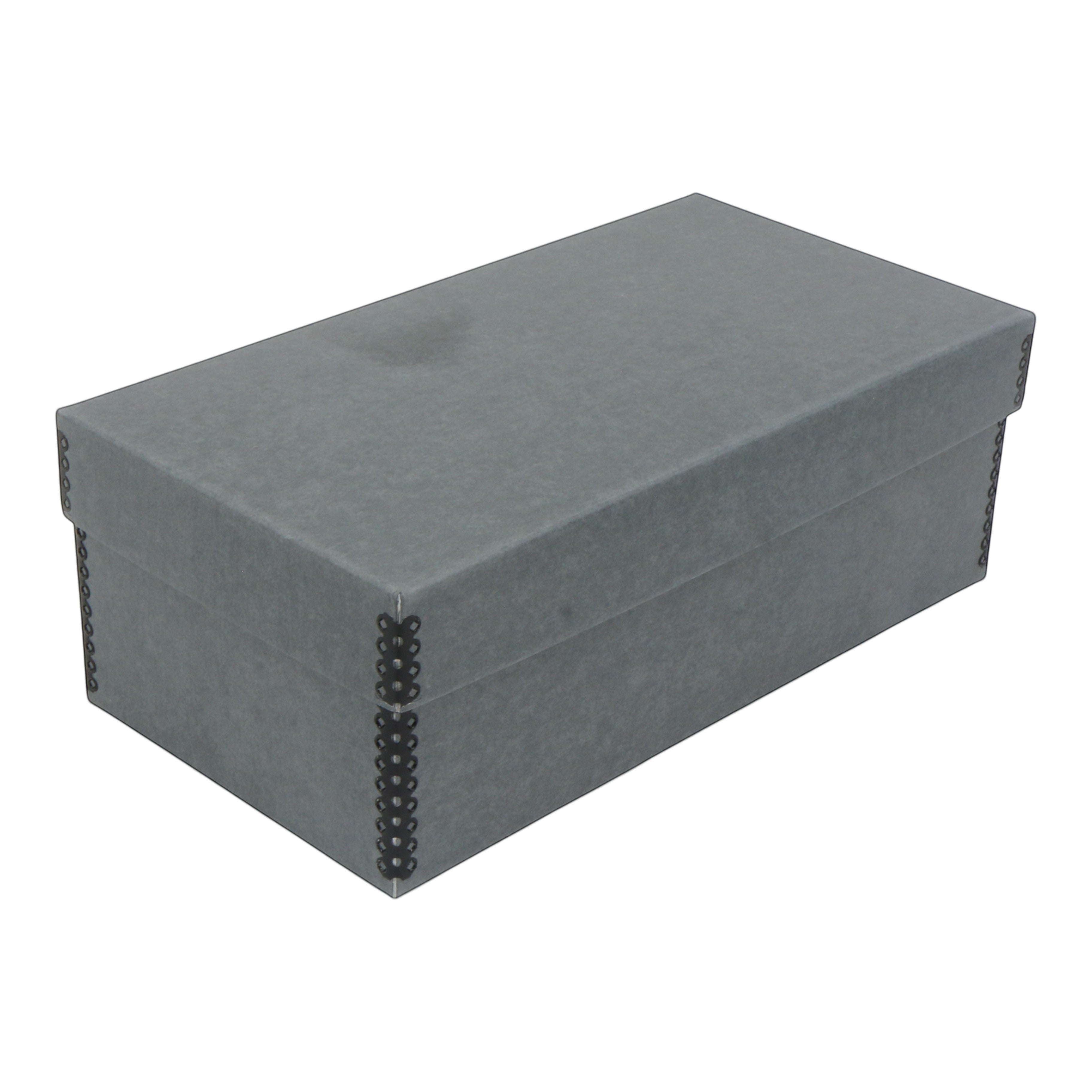 Kept Store grey acid-free archival shoe storage box with decorative black stitched corners on a white background.