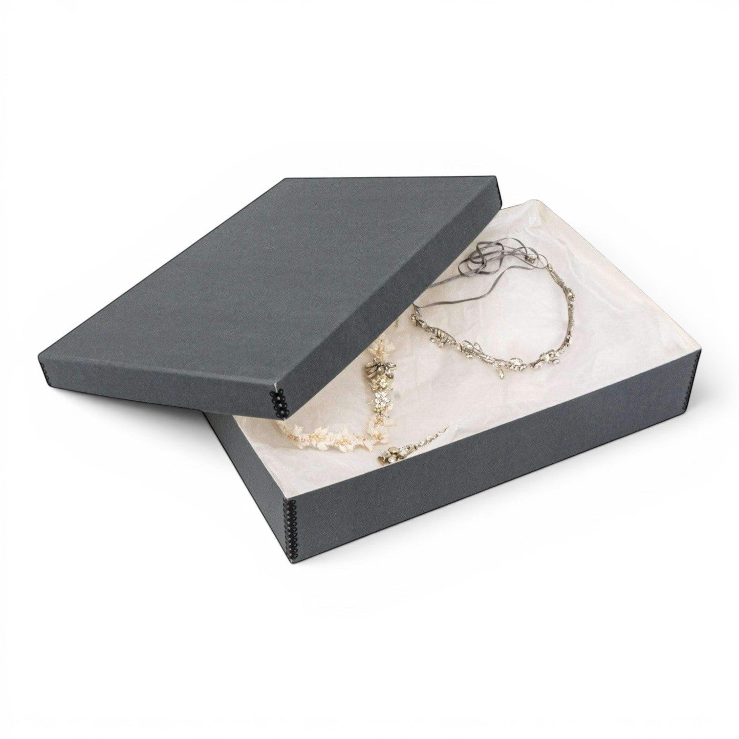 Kept Store acid-free grey storage box for wedding veils and accessories with white interior and metal edges.