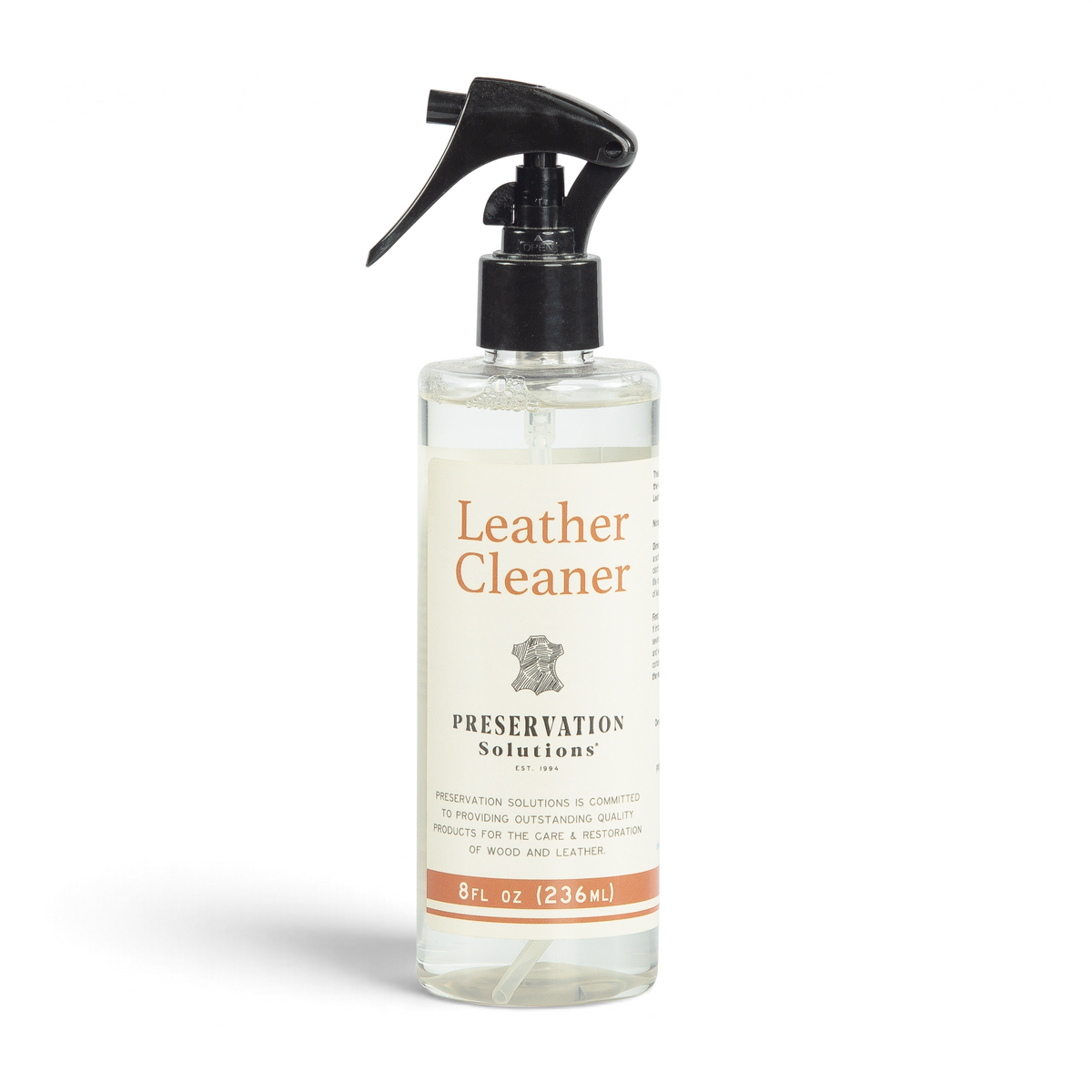 Leather Cleaner 236ml spray bottle by Preservation Solutions, a gentle surface cleaner for leather furniture, bags and car seats