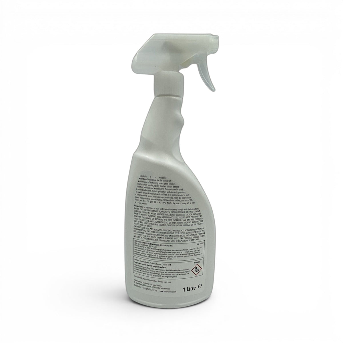 Constrain Moth Spray 1 litre — reverse of bottle showing directions for use and safety information