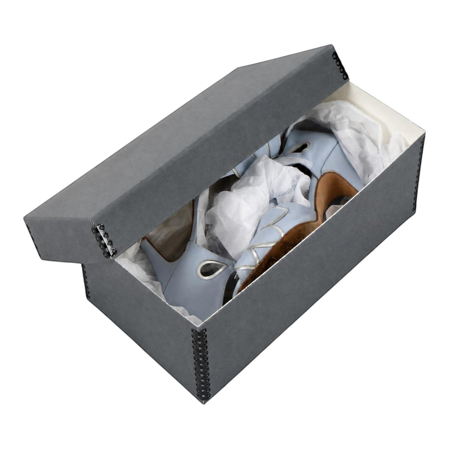 Kept Store acid-free grey archival shoe storage box with light blue heels wrapped in tissue paper