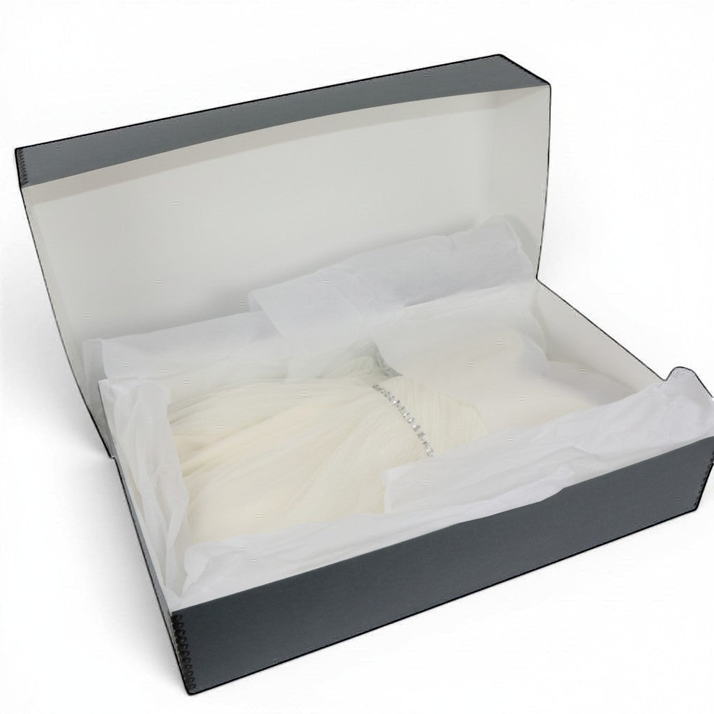 Kept Store acid-free wedding dress storage box with white tissue paper for delicate garment preservation.